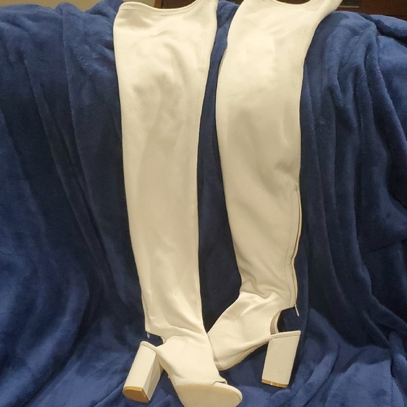 RAYE Cream Thigh High Over-the-Knee Peep Toe Open Heel Back Zip Boots - Picture 1 of 12